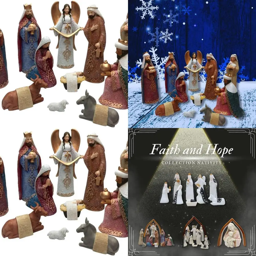 مجموعة ميلاد عيد الميلاد للأطفال يسوع والعائلة المقدسة، تماثيل بوليريسين مكونة من 11 قطعة مع ملاك