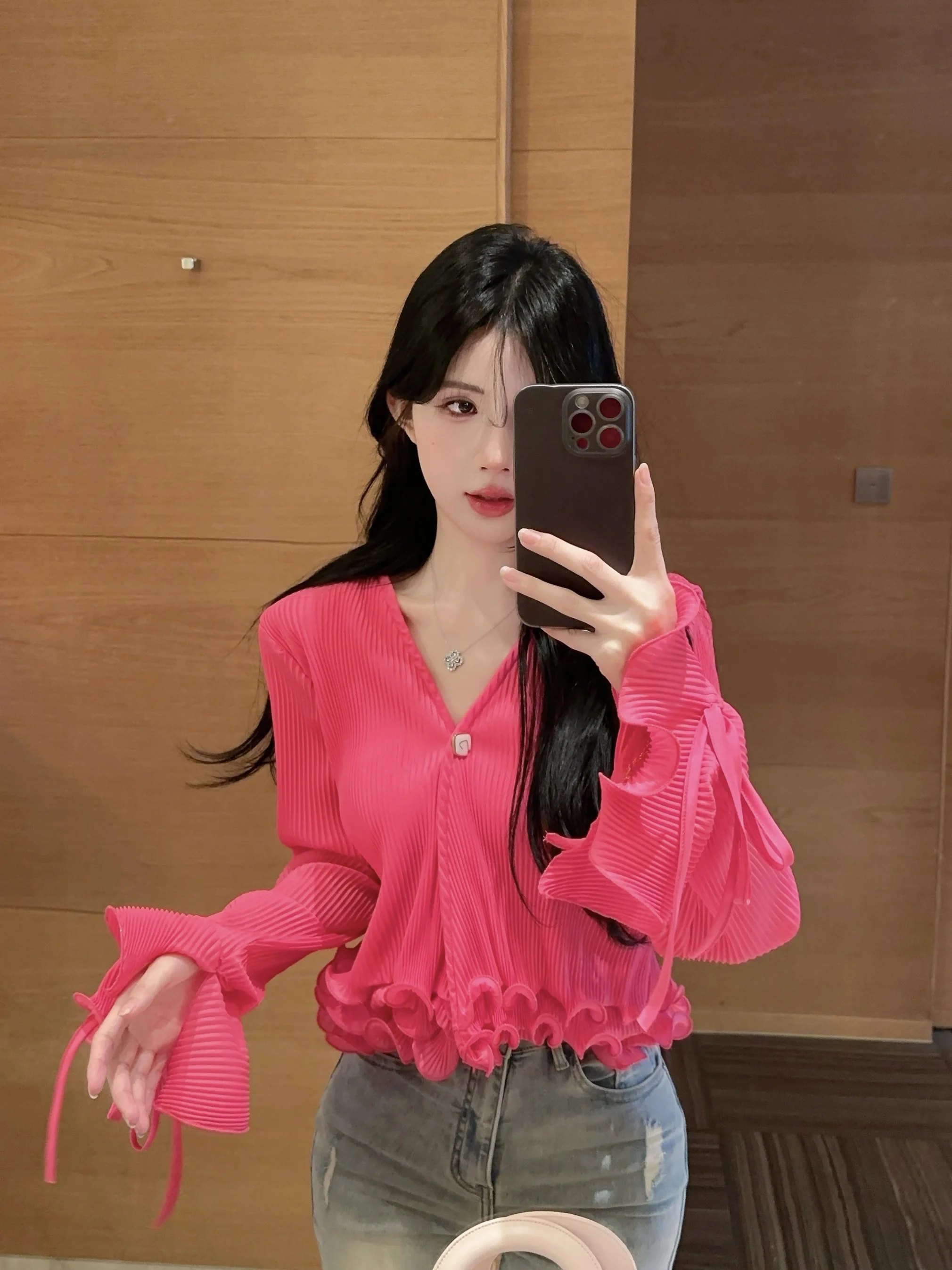 Hohe Taille V-Ne irt mit Spitzenbesatz 3D-Dekoration Damen Faion Frühling Herbst Top Ele Sle Blumendruck