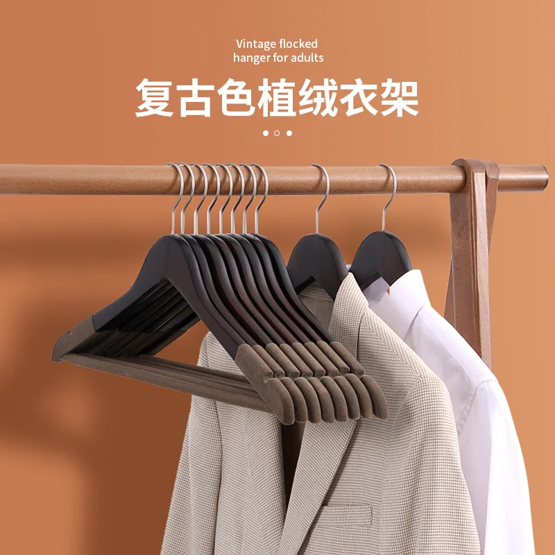 10pcs Wooden Clothes Hanger Non-slip High-end Wooden Hanger Solid Wood Flocked Clothes Hanger Clothes Storage