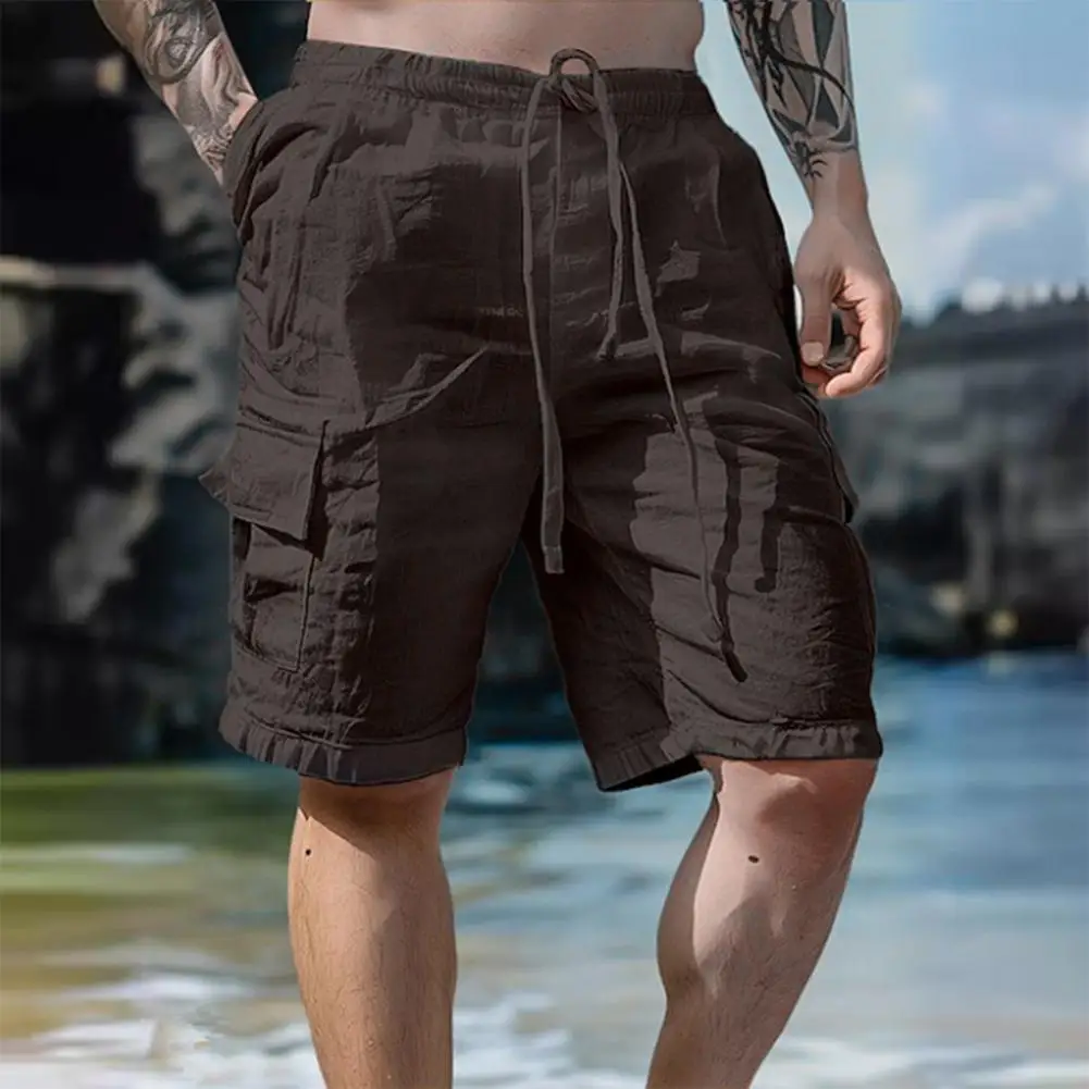 Casual Pants Men's Knee-length Drawstring Shorts with Elastic Waist Multi Pockets for Casual Daily Wear Beach Activities Men