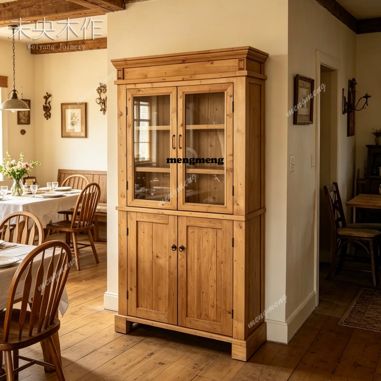 

Solid wood pine wine cabinet restaurant display cabinet glass door locker light wood color storage cabinet can be customized