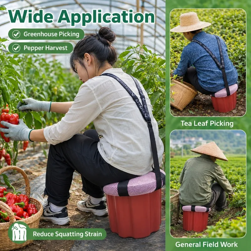 Heavy Duty Portable Farm Stool, Wearable Picking Seat with Breathable Cushion and Reinforced PP Base for Pepper Tea Harvest Work