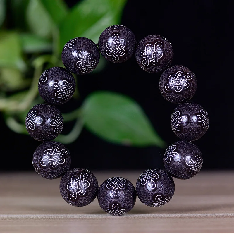 African Red Sandalwood Hand-inlaid Silver Silk Bracelet Boutique Carved Good Lucky Ebony Wen Play Buddha Bead Gift Hand String
