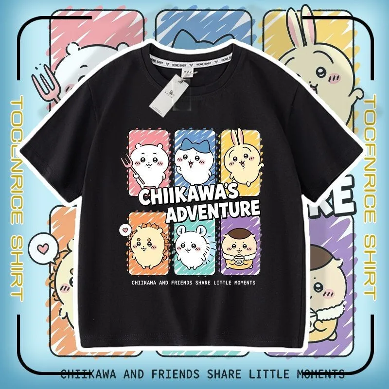 Anime Chiikawa Usagi T Shirt Short Sleeve Cotton Soft Comfy Skin Friendly Breathable Sweat Absorbent for Students Women and Kids