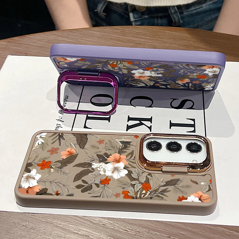 Flowers Print Lens Frame Stand Case For Samsung Galaxy S24 S23 Ultra A55 A15 A25 A35 A14 A34 A52 A53 A54 5G Soft TPU Phone Cover image 2