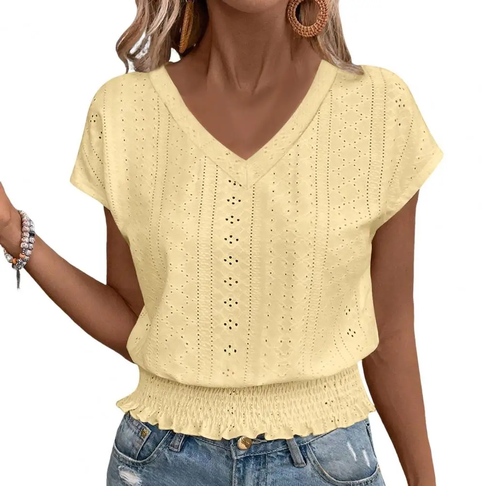 

Summer Women T-shirt Solid Color Tops V-Neck Short Sleeve Jacquard Decoration Pullover Tops Loose Elastic Hem T-shirt