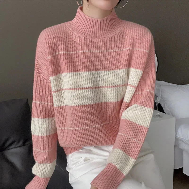 

2023 Autumn/Winter New Half High Collar 100% Pure Wool Sweater Round Neck Colored Long Sleeve Knitted Cashmere Pullover Female