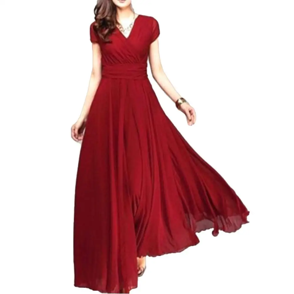 Hot summer Bohemian Women Solid Color Short Sleeve V Neck Tight Waist Maxi Evening Dress Tight Waist Maxi Evening Dress