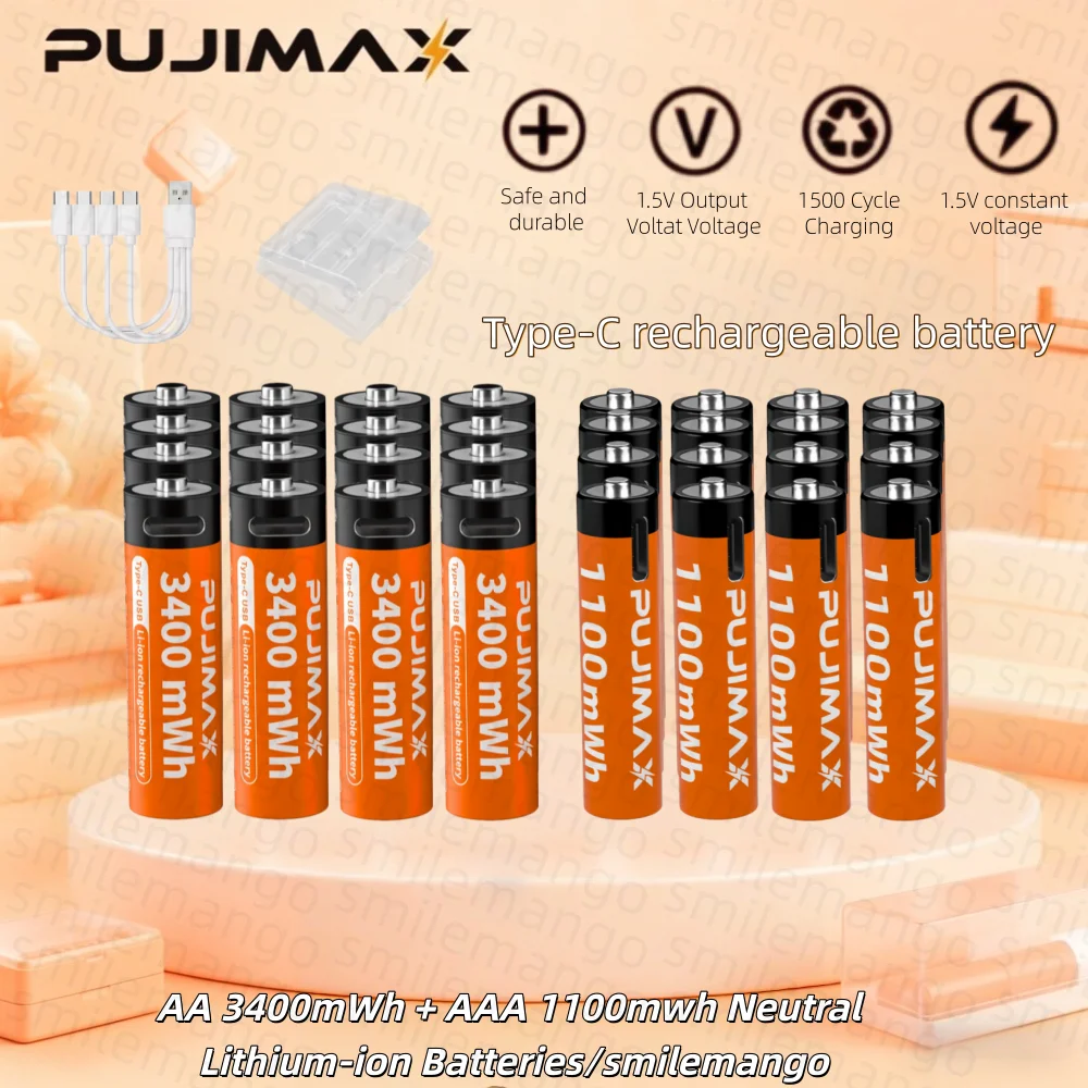 4-20PCS 1.5V AA&AAA Rechargeable Lithium Battery 3400mWh/1100mWh, Type-C Port Charging Be Reused 1500 Times For Alarm Clocks