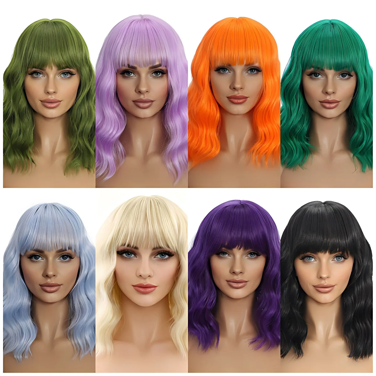 

Short Water Wave Bob Synthetic Wig with Bangs, Shoulder Length Curly Cosplay Heat Resistant Wig for Daily Wear Party Styling