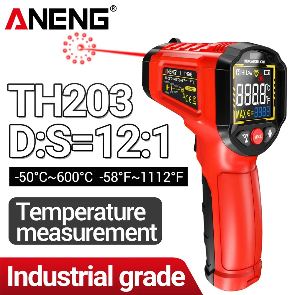 TH203 Infrared Thermometer Adjustable Emissivity Non-contact Temperature 50°C~600°C Pyrometer IR Hygrometer Industrial Home Use