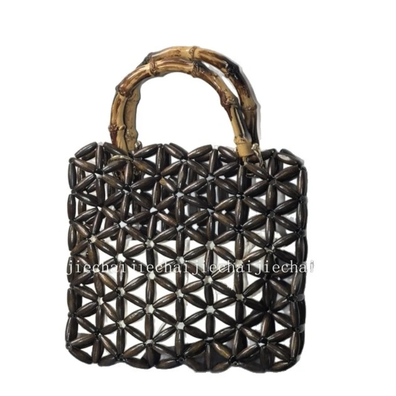 

Vintage Handmade Wooden Beaded Handbag Hollow Out Design Women's Simple Artificial Bamboo Handle Summer Seaside Beach Bag