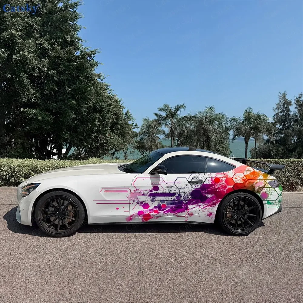 2pcs Ink-Splatter Hexagon Geometric, Durable, Fade-resistant, Enhance Vehicle Aesthetics With Artistic Design Car Vinyl Wraps