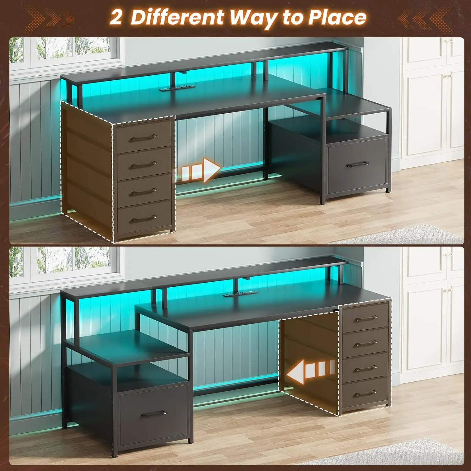 Computer Desk with 5 Drawer, Power Outlet & Led Lights, 66'' Home Office Desk with File Drawer, Storage, Monitor Shelf, Gaming