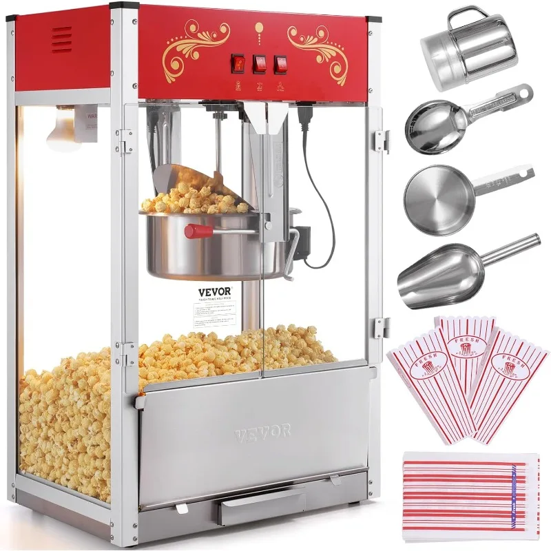 VEVOR Máquina para hacer palomitas de maíz, máquina para hacer palomitas de maíz de 1615 W, tetera de 16 Oz, máquina para hacer palomitas de maíz de gran capacidad con vidrio templado