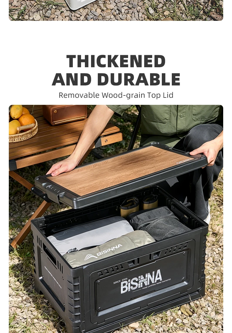 BISINNA Camping Box 30L/60L Large Capacity Folding Storage Box Car Trunk Wooden Lid Home Bedside Table for Outdoor Picnic Travel