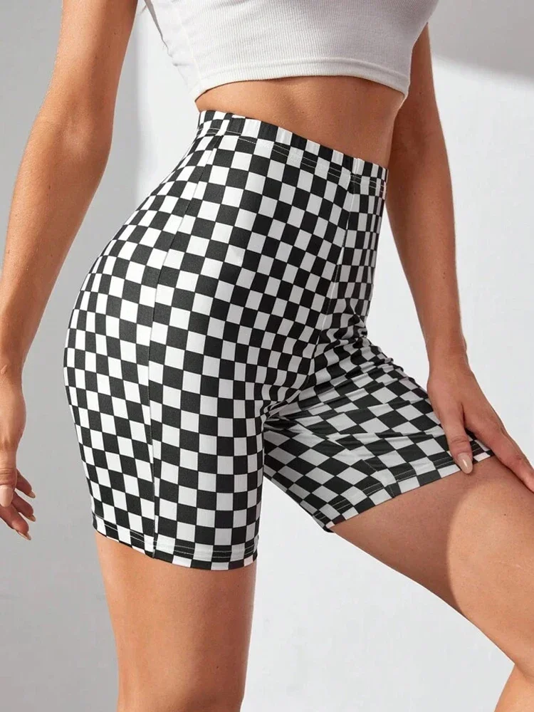 Bangniweigou Biker Shorts Cycling Black&white Checker Printed Fitness Jogging Bottoms Plaid