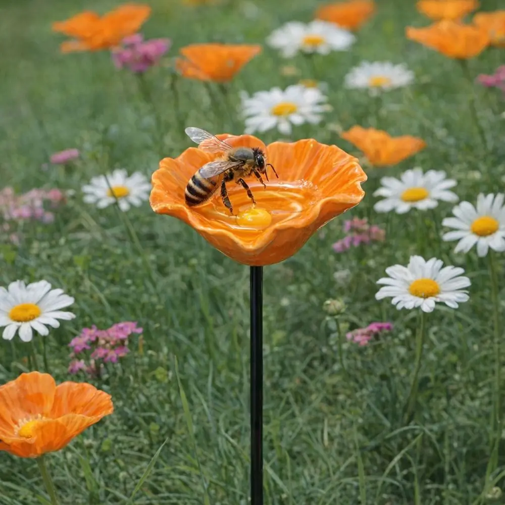 Creative Portable Bee Water Feeder Resin Flower Drinking Fountain Holder Bird Waterer Bird Bath Stand Household