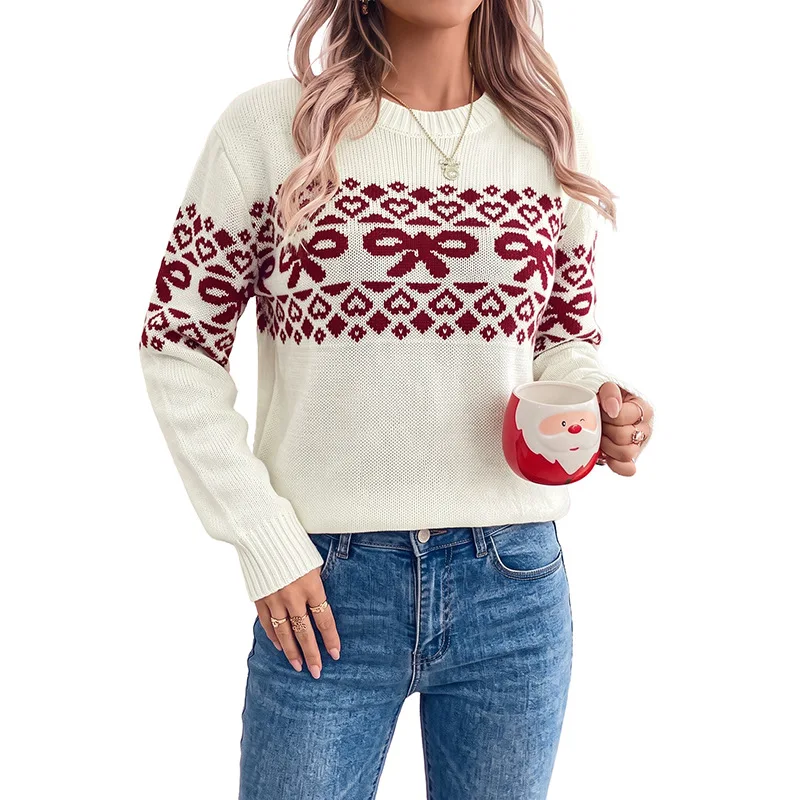MsChuh Women's Sweaters And Pullovers Christmas Geometric Print Knit Sweater Crew Neck Long Sleeve Soft Casual Holiday Outfit 5