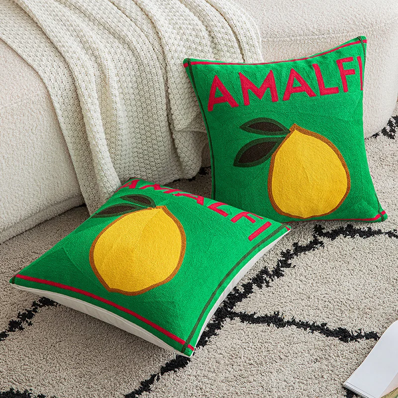 45*45cm Ins Style Letter Lemon Embroidered Cushion Cover Cotton Green Embroidered Pillowcase Home Decor Pillow Covers Decorative
