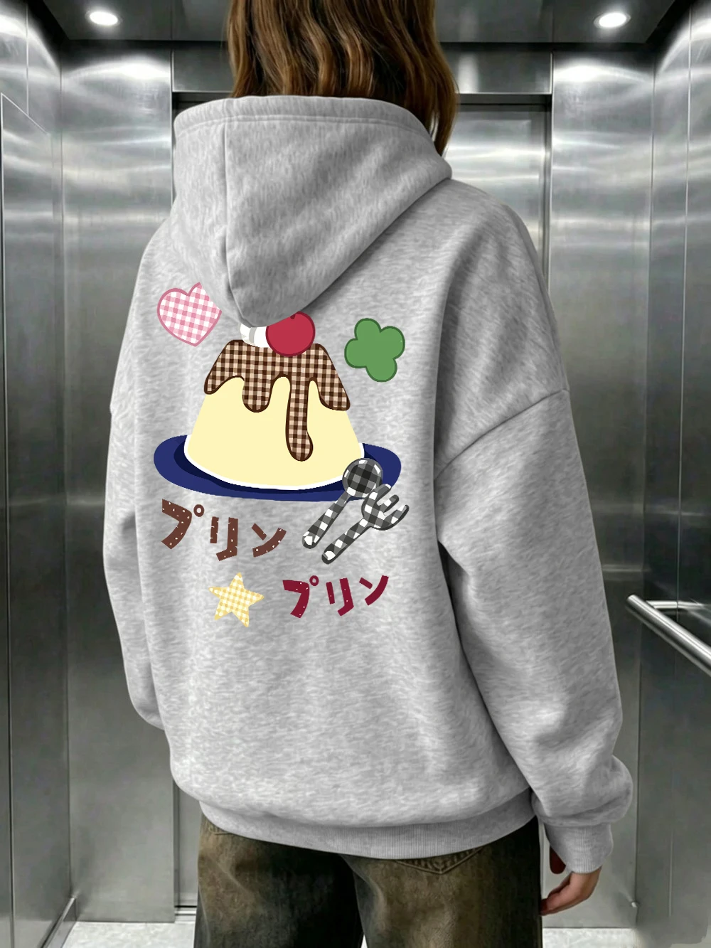 Sudadera con capucha estampada con diseño de pudín de caramelo japonés para mujer, informal, con bolsillos, de forro polar cálido para invierno, estilo deportivo y holgado, ropa de mujer