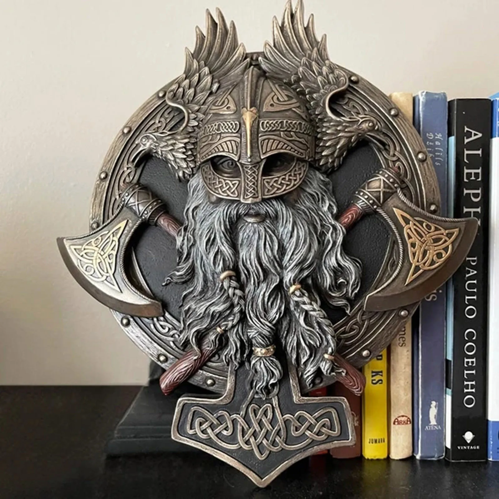 

Archangel Mike Statue Figurines Home Decoration Creative Resin Crafts Carved Miniatures Ornaments Twin Axe Viking Wall Decor