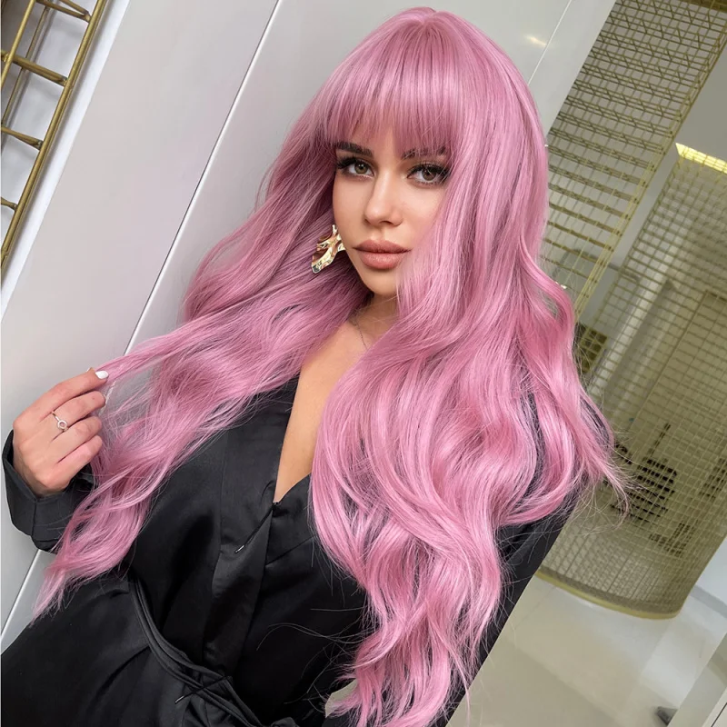 Long Pink with Bangs Wave Synthetic Wigs for Women - view 6