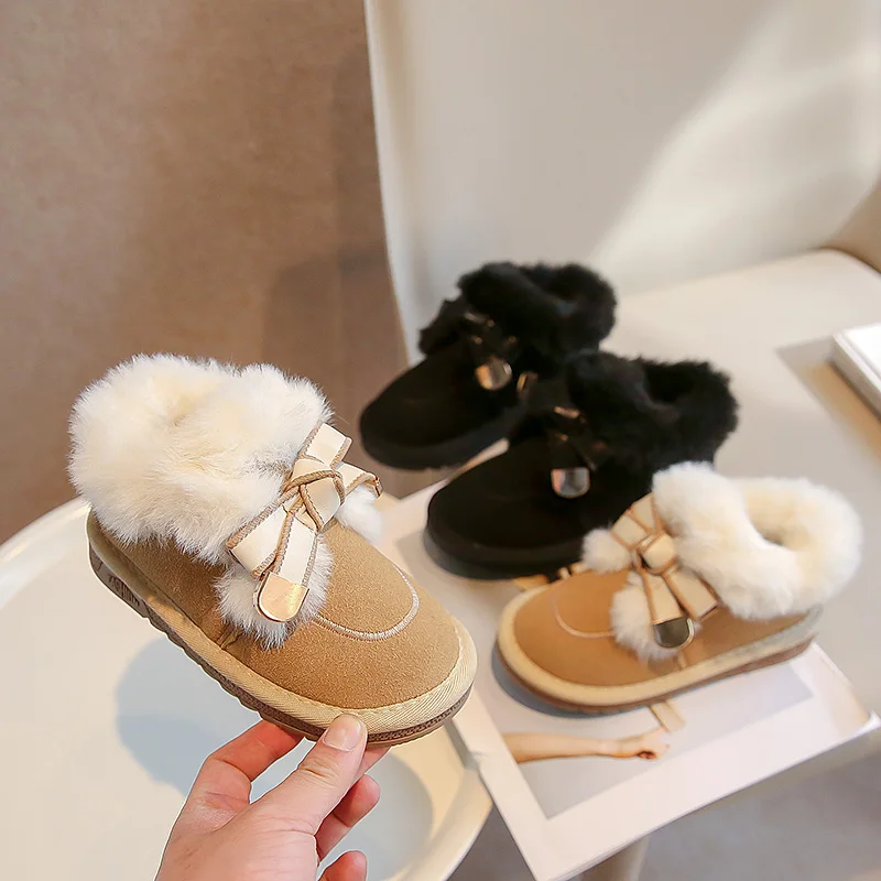 Childrens Cotton Shoes with Bow Flat Bottom High Top Slip Resistant and Warm Feet Winter Frosted Leather Casual Cotton Shoes