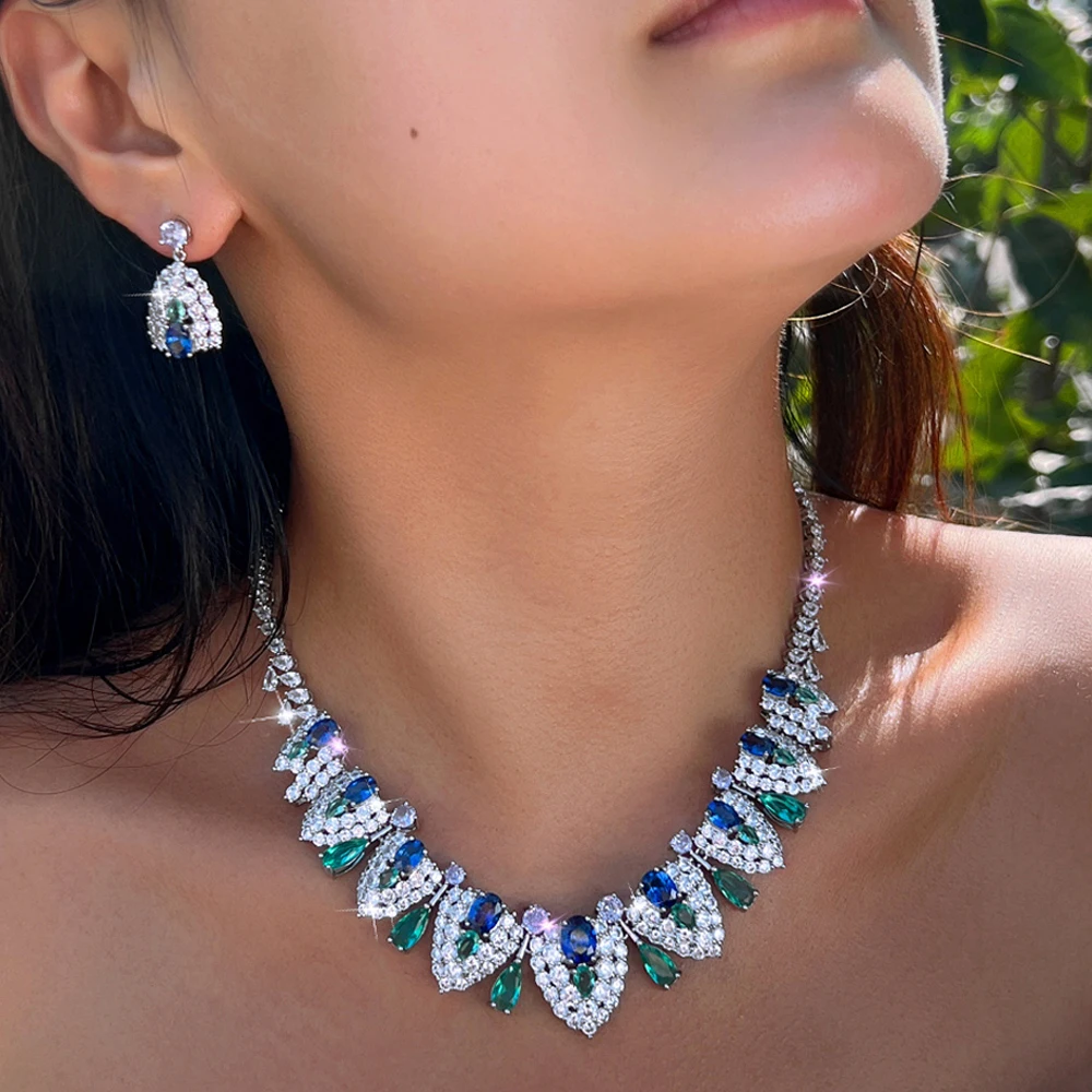 ThreeGraces Luxury Brilliant Synthetic Tanzanite and Zirconia Shield Design Bridal Wedding Party Jewelry Set for Women T1080