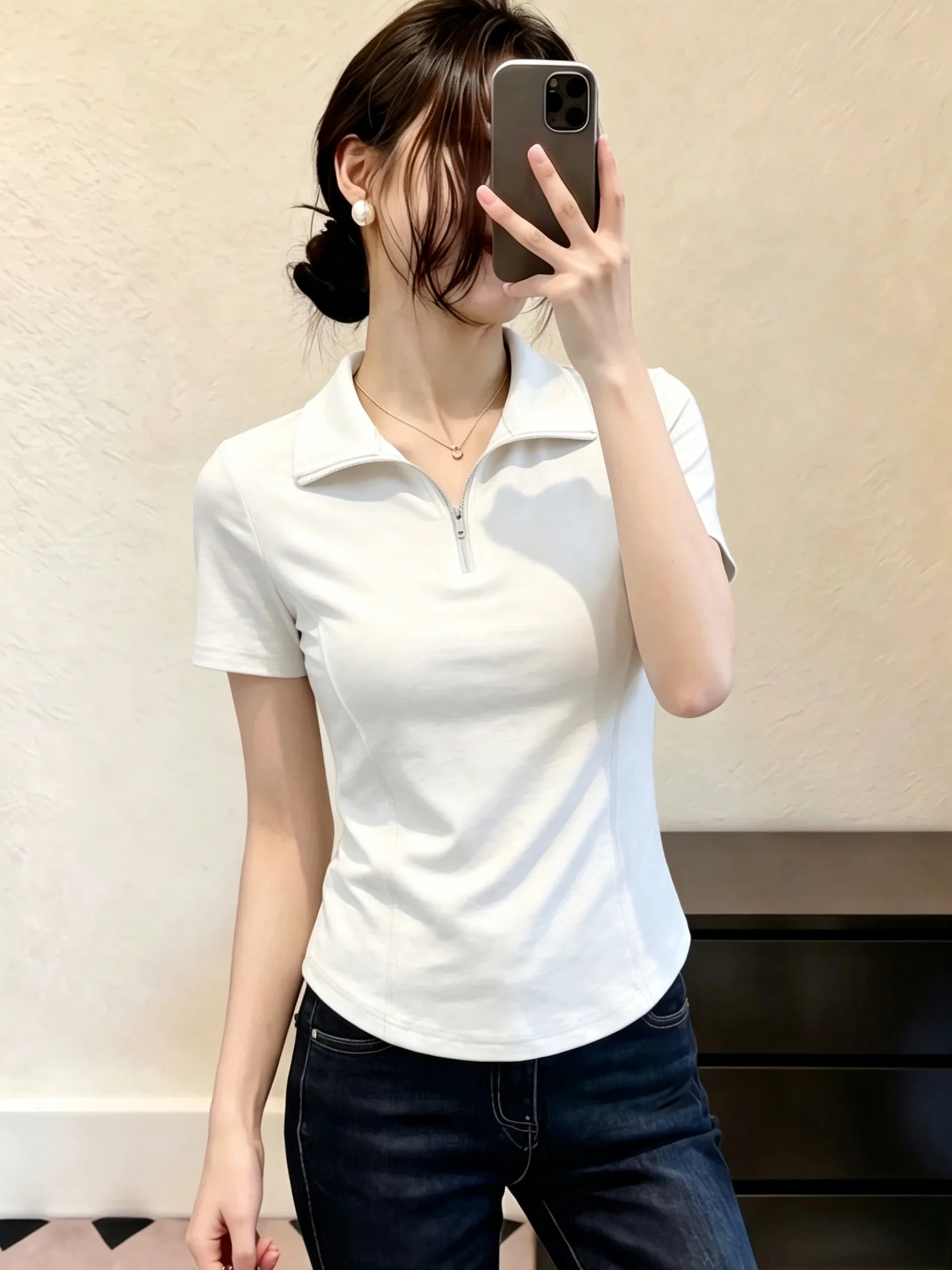 Slim Fit Zipper Short Sleeve  Neck T-Shirt 95 Cotton Summer New Style plus Size Women's Fishbone Shoulder Top