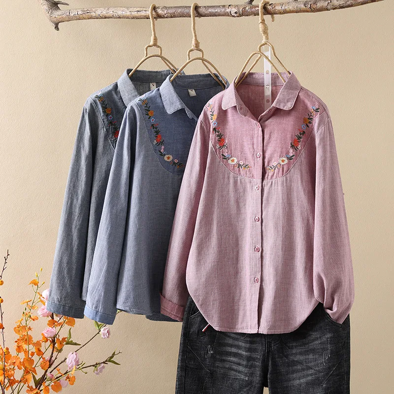 Ethnic Cotton Plaid Checkered Shirts and Blouses for Women Japan Flowers Embroider Cotton Yarn Long Sleeve Shirt Ladies Top