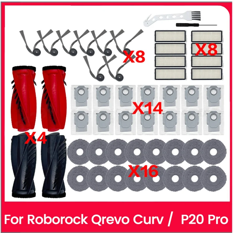 ABVI-52PCS Parti di ricambio per Roborock Qrevo Curv /P20 Pro Accessori per aspirapolvere Spazzole laterali principali Sacchetti per la polvere Mop Pad Filtri