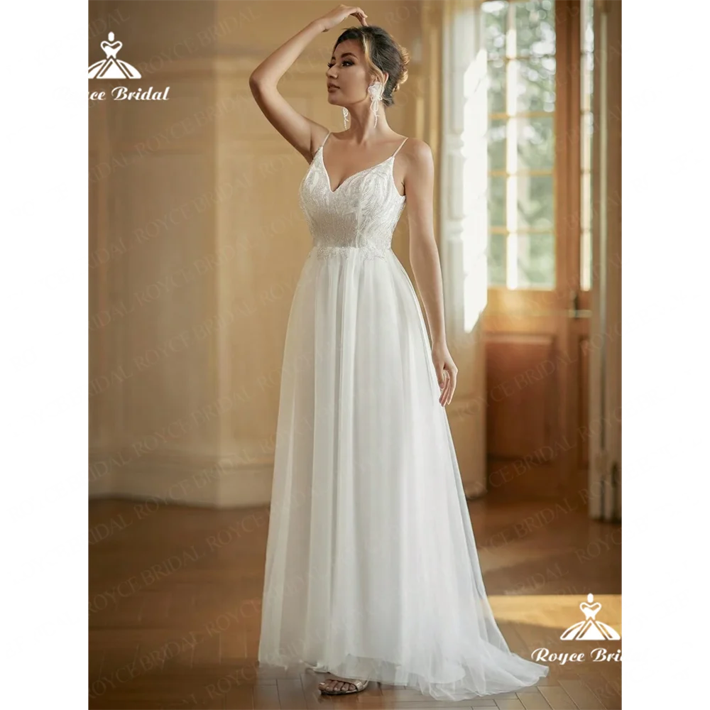 Roycebridal-Robe de mariée trapèze à col en V, en mousseline de soie, avec traîne, collection 2025