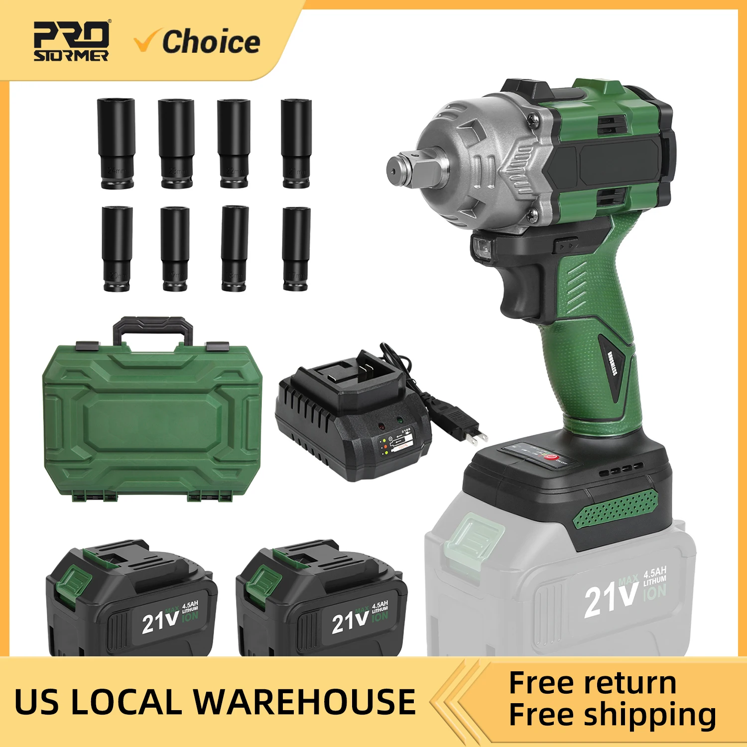 

20V Brushless Impact Wrench Kit 600Nm 1/2 Inch Impact Wrench with 2 * 4.5Ah Batteries 2500RPM by Prostormer