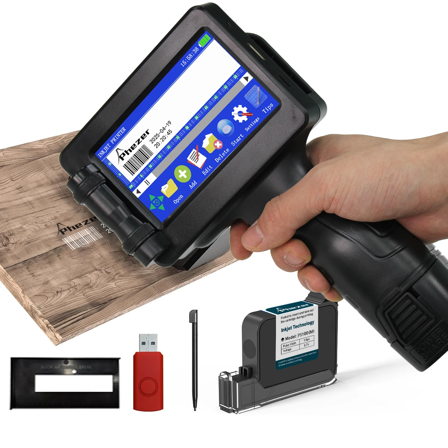 Phezer P17 Handheld Inkjet Printer 12.7mm Includes White Black Ink Portable Coding Machine Expiry Date Logo Barcode Batch Number