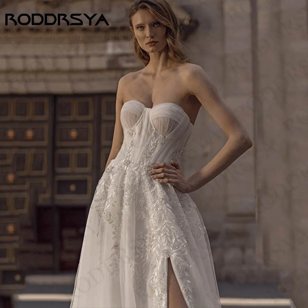 Roddrsya Brautkleid für Frauen eine Linie Applikationen Brautkleid Split ärmellosen Strand Tüll plus Größe sexy Vestidos de Novia Hochzeitskleid für Frauen 2024 A Line  Appliques Brautkleid Split ärmellos  Strand Tüll