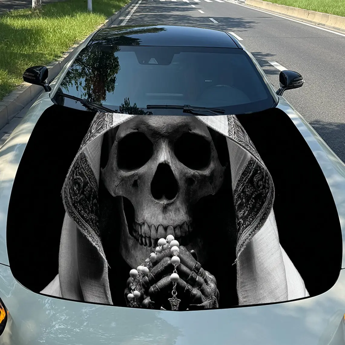 

Solemn Praying Reaper PVC Car Hood Wraps, Self-Adhesive Waterproof Car Bonnet Decal Sticker, Car Decoration Protection Stickers