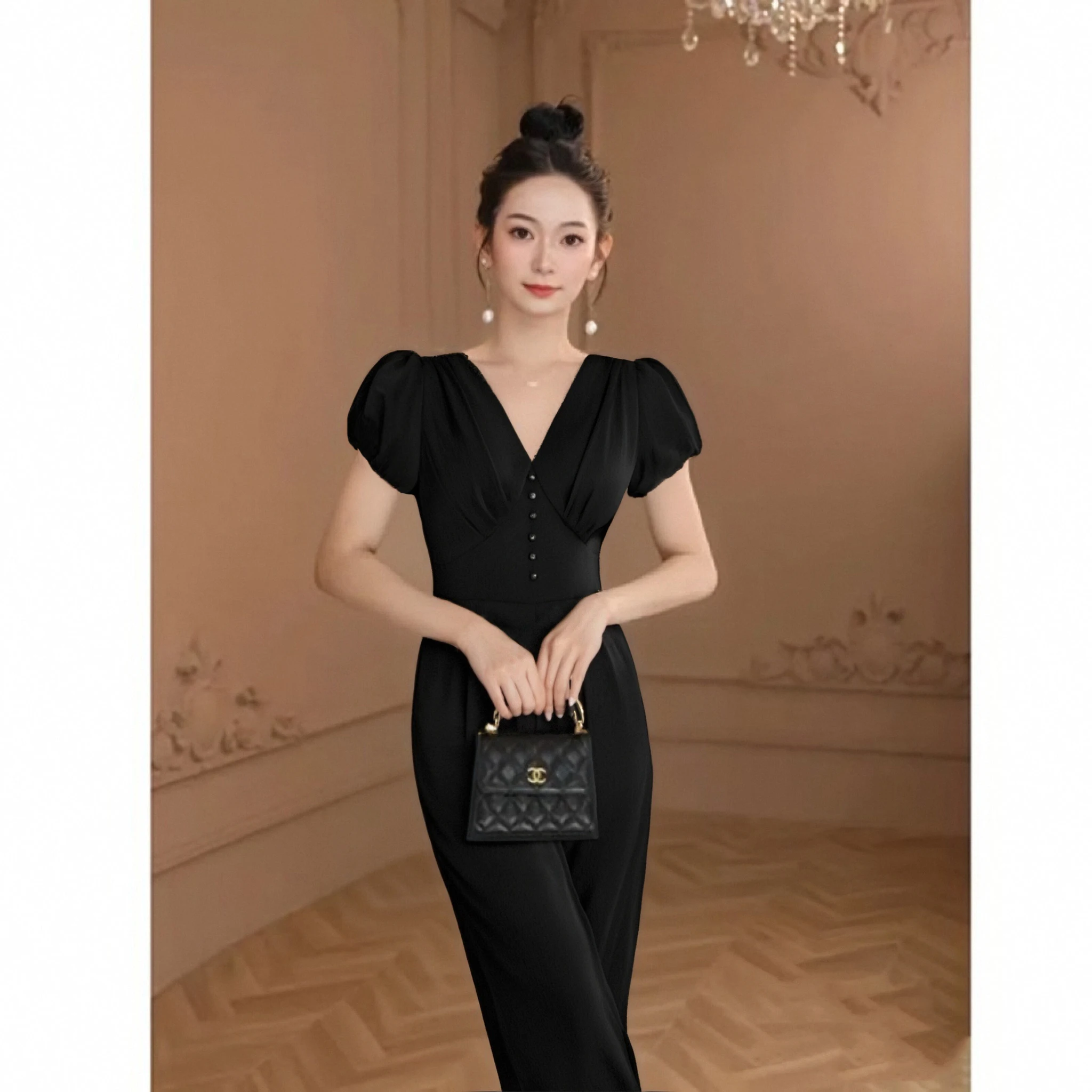 

Spring 2026 Women's V-Ne Slimming ort Sve One-Piece Ele High Waist Pants Polyester Fiber Long Pants