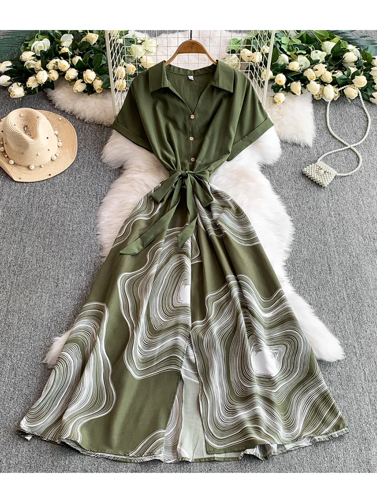 Vestido de verão feminino temperamento com decote em v único breasted camisa casual nicho impressão cintura cinching emagrecimento vestidos longos ds166