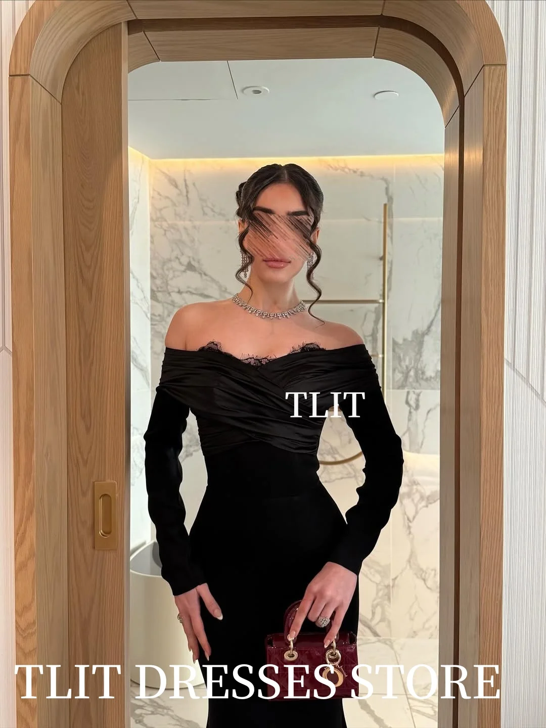 TLIT élégant dentelle noire en mousseline de soie sirène robes de soirée personnalisé فساتmaveraépaules dénudées manches longues robes de bal