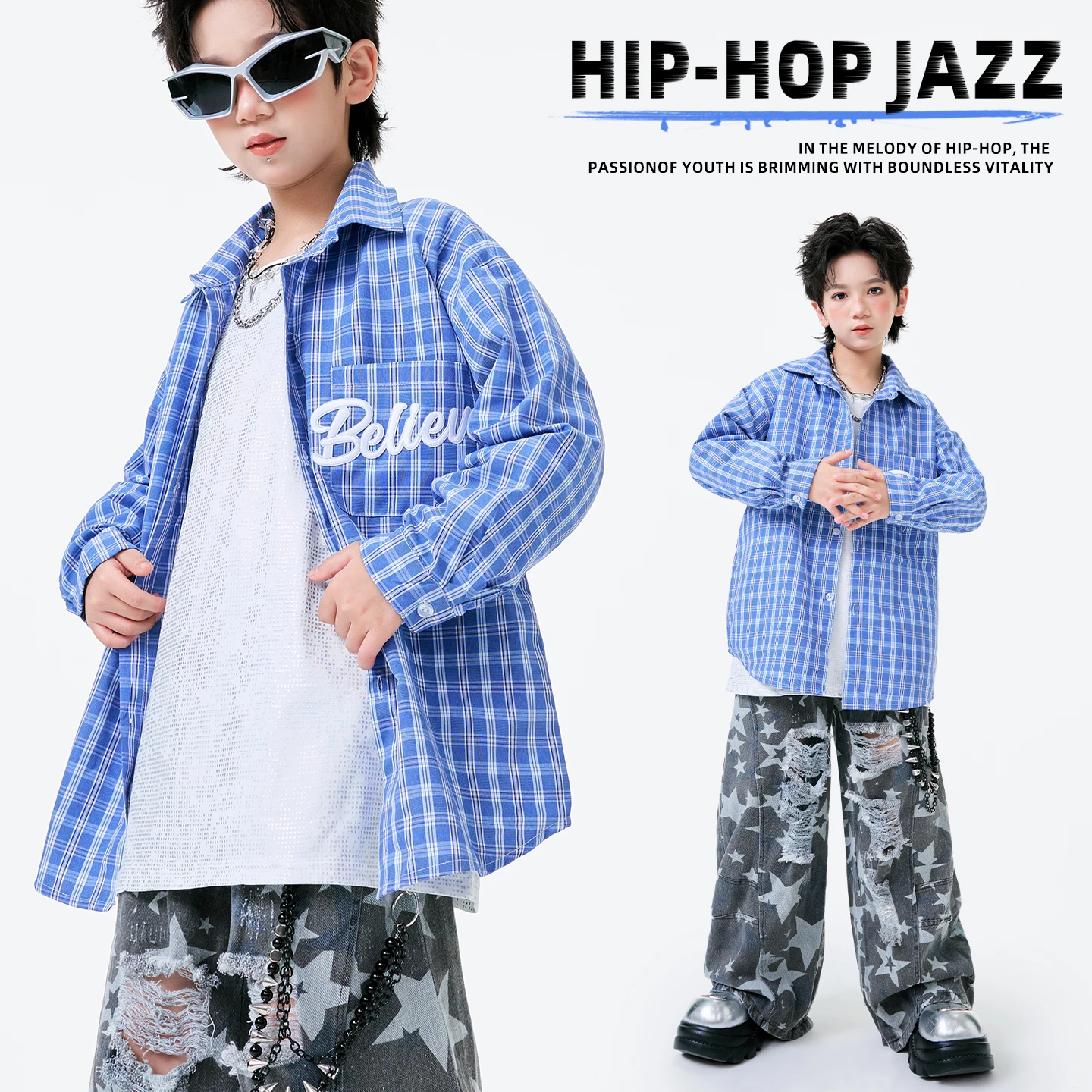 

2025 Boys Blue Shirts Loose Pants Jazz Dance Costumes For Kids Kpop Outfits Ballroom Hip Hop Dance Performance Clothes DQS21673