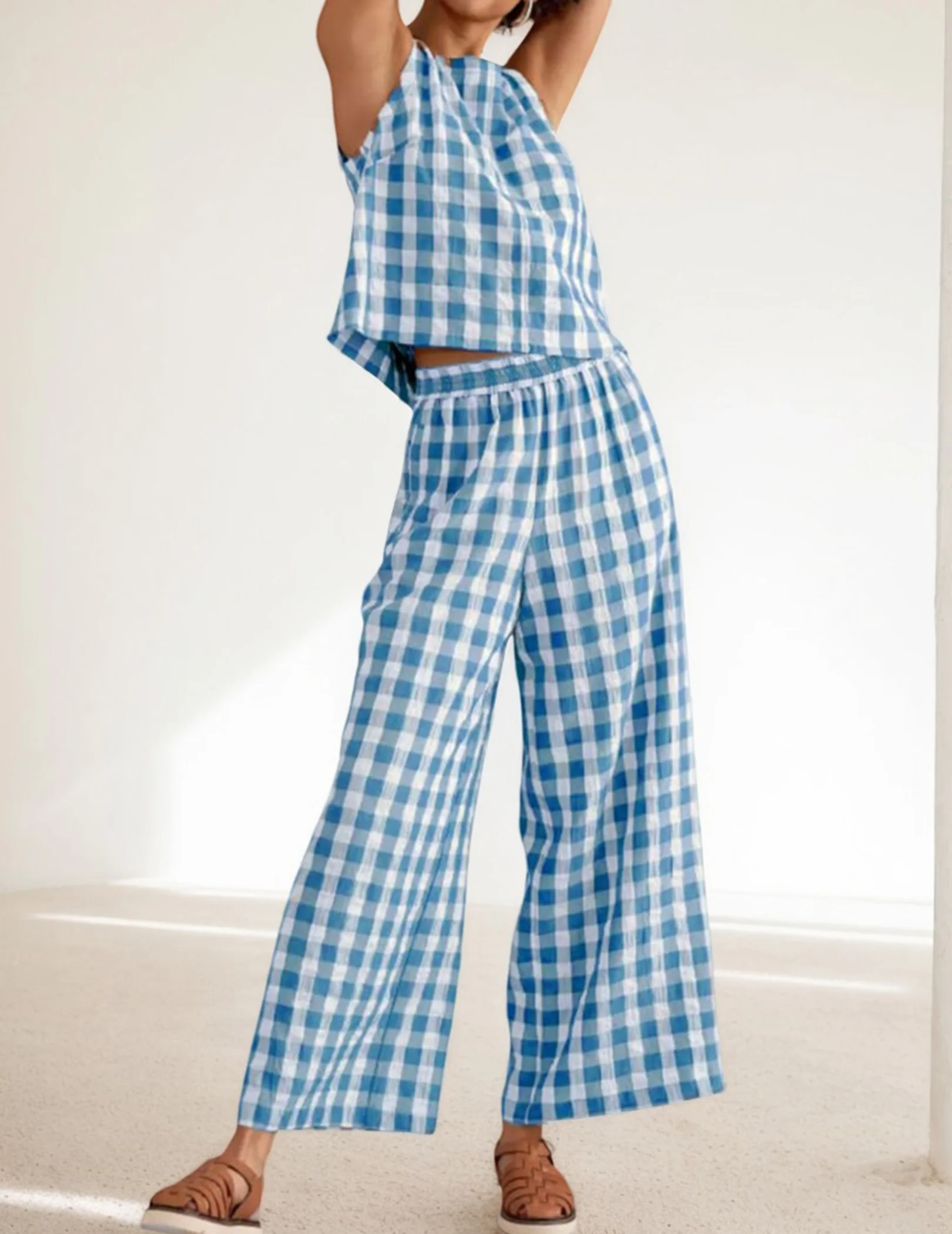 ملابس نسائية صيفية مكونة من قطعتين بدون أكمام، توب فضفاض واسع الساق، طقم صالة القماش القطني لقضاء عطلة السفر #2