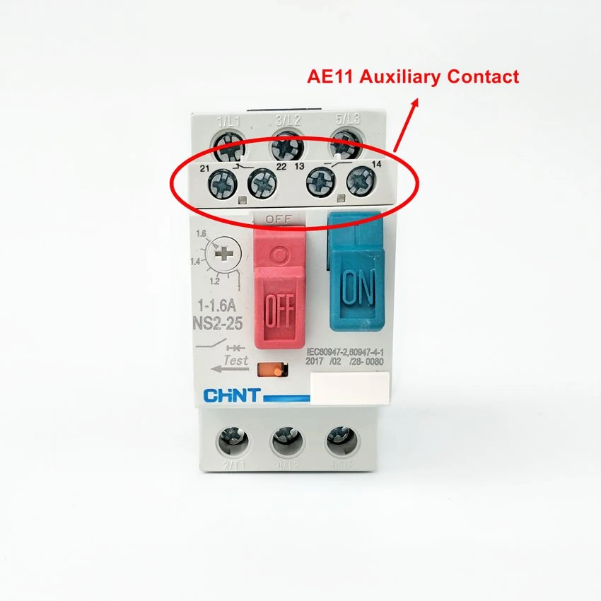 CHINT NS2-25/AE11 0.25-0.4A 0.4-0.63A 0.63-1A 1-1.6A 1.6-2.5A 2.5-4A 4-6.3A Manual Motor Starter with NS2-AE11 Auxiliary Contact