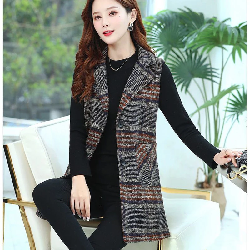 Vintage Printed Button Pockets Plaid Vests Jackets Women Clothing 2024 Autumn Winter New Loose Office Lady Tops All-match Coats