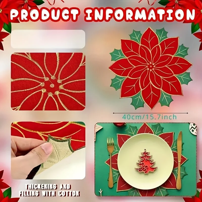 4 قطعة عيد الميلاد المطرزة الجدول العلم مفرش المائدة مكتب عداء غطاء أطباق مستديرة لوحة القماش تحديد الموقع عيد الميلاد طاولة طعام ديكور #5
