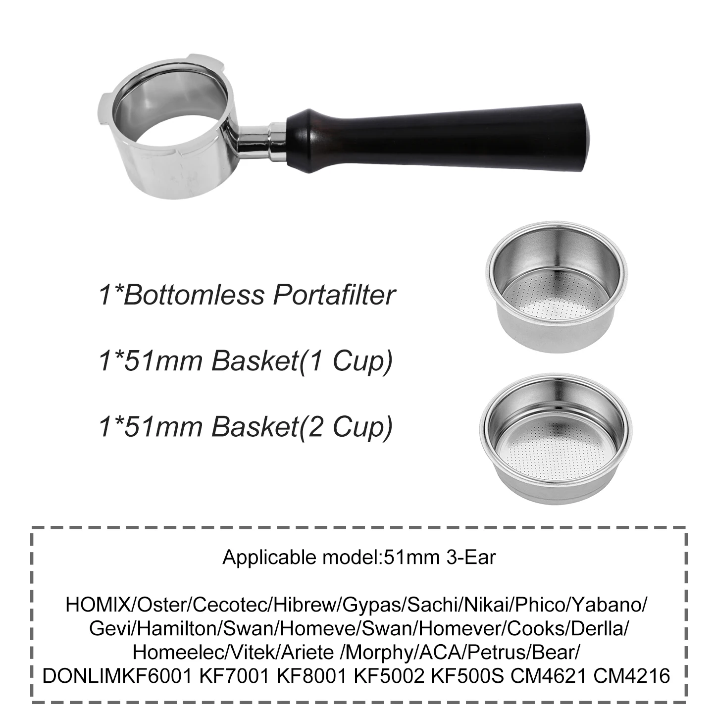 Kaffee-Siebträger ohne Boden, 51 mm, für Homix H11 Oster Cecotec Hibrew 1 2Cup, Ersatzfilterkorb, Espresso-Maschinen-Zubehör