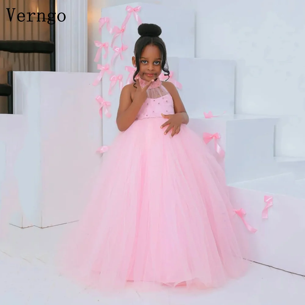 

Verngo Pink Tulle Girl Flowers Dress Appliques Halter A Line Maxi Brithday Party Dress Backless Kid Prom Gown Customized
