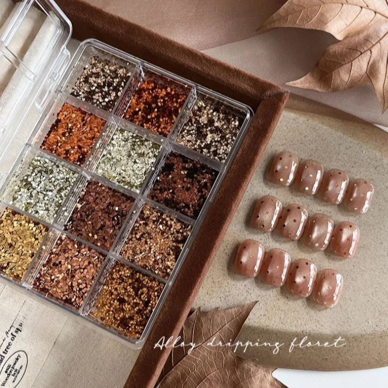 12-Grid Fall Winter Nail Art Glitter Sequins Mix Mocha Gold Dot Star Flakes DIY 3D Nail Decoration Charms for Manicure Design view 5