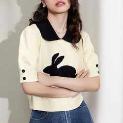 Summer New Doll Collar Fashion Short Sleeve T-Shirts Women High Street Casual Elegant Pullovers Jacquard Weave Knitting Tops