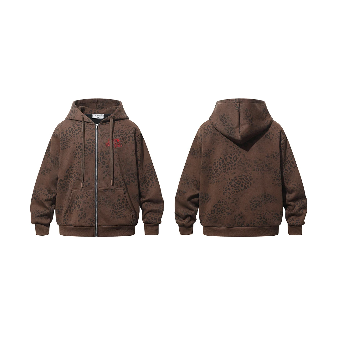 Retro Y2K Style Zip‑Front Hooded Jacket Men Women Washed Brown Fabric Leopard Print Graphic Loose Casual Street Outerwear Top